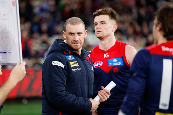 Melbourne coach Simon Goodwin during a break in the game against Collingwood.