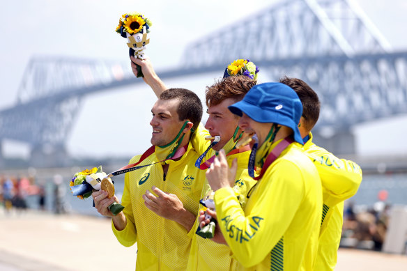 Hour of power: Men’s four gold medallists Alex Purnell, Jack Hargreaves, Alex Hill and Spencer Turrin.