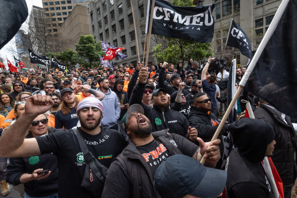 Protesters at the CFMEU rally in Melbourne on August 27.