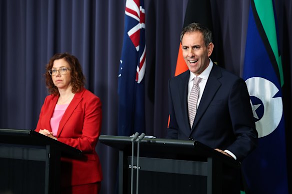 Employment Minister Amanda Rishworth and Treasurer Jim Chalmers in Canberra on Tuesday.