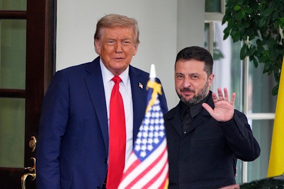 President Donald Trump, left, greets Ukraine’s President Volodymyr Zelensky as he arrives at the White House.