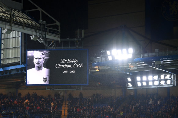 A tribute to Sir Bobby Charlton at Stamford Bridge before the Chelsea v Arsenal match.