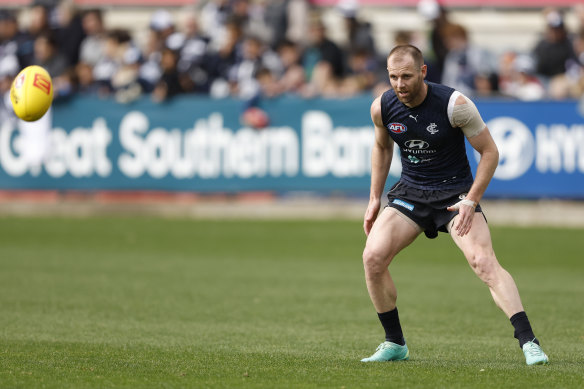 Sam Docherty trains at Ikon Park on Saturday, as he pushes to return for the Blues’ elimination final.