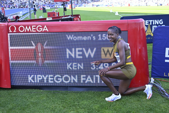 Faith Kipyegon celebraing her 1500m world record in Paris on Sunday.