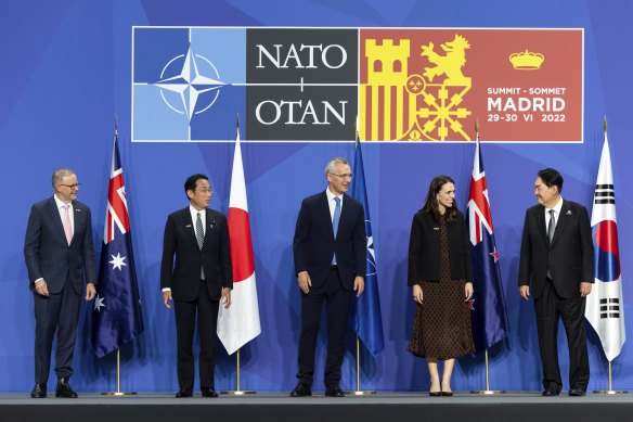 NATO Secretary-General Jens Stoltenberg with the Pacific leaders invited to the Madrid summit, including Australian Prime Minister Anthony Albanese.