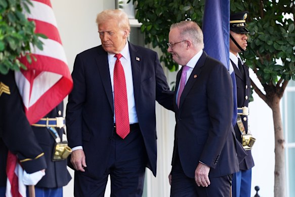US President Donald Trump greets Prime Minister Anthony Albanese at the White House on October 20. 