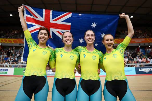 Gold Medalists, Georgia Baker, Sophie Edwards, Chloe Moran and Maeve Plouffe of Team Australia celebrate after winning gold.