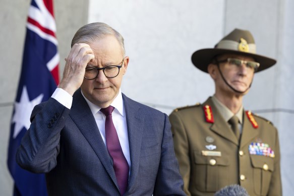 Prime Minister Anthony Albanese and Chief of the Australian Defence Force Angus Campbell  during a press conference at Parliament House in Canberra on Monday.