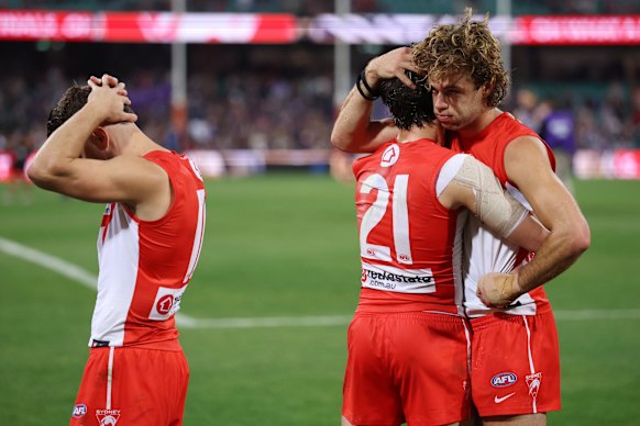 Swans players Tom Papley, Errol Gulden and James Rowbottom after Friday’s loss to Fremantle.