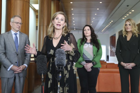 eSafety Commissioner Julie Inman Grant, speaking, with Communications Minister Paul Fletcher and online safety advocates Sonya Ryan and Erin Molan during a press conference on the introduction of the Online Safety Bill in Canberra.