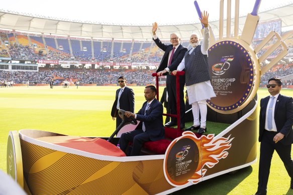 Prime Minister Anthony Albanese with Indian Prime Minister Narendra Modi in Ahmedabad in March.