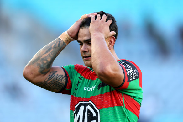 Latrell Mitchell reacts during his horror outing against the Warriors last weekend.