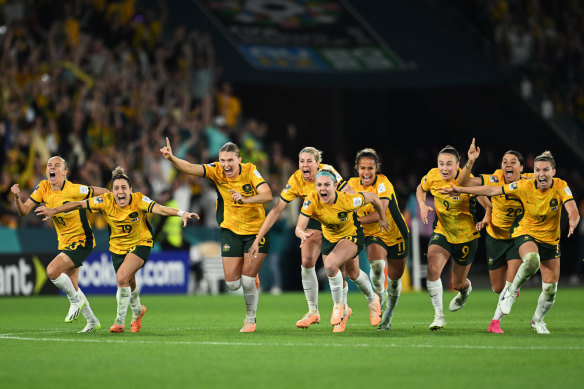 The Matildas celebrating Cortnee Vine’s matchwinning penalty against France.