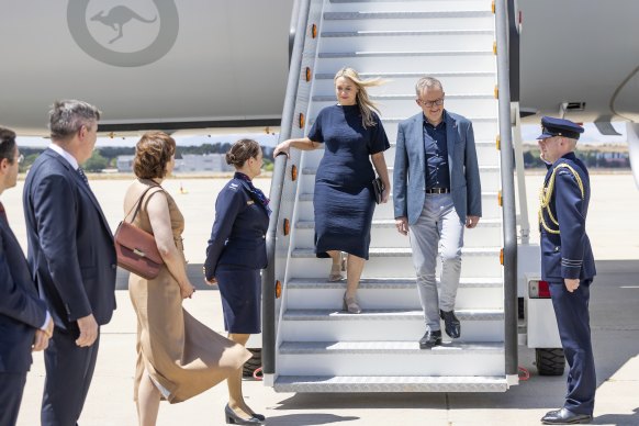 Prime Minister Anthony Albanese and his partner Jodie Haydon arrive in Madrid to attend the NATO summit.