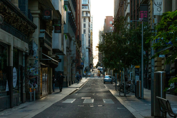 Lockdown bites: An empty Flinders Lane.