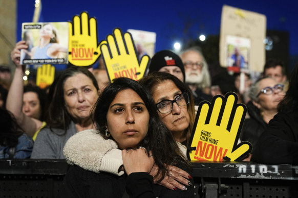 Israeli demonstrators call on the government to secure the release of hostages held in the Gaza Strip by Hamas during a rally marking six months since the outbreak of war.   