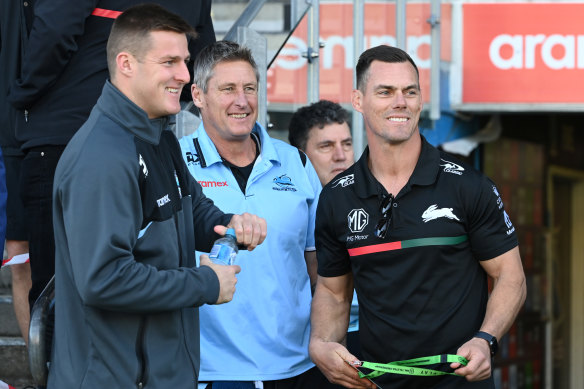 John Morris (right) with nephew Teig Wilton (left) and Sharks trainer Mark Noakes earlier this year.