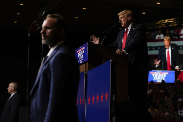 Donald Trump’s security detail scans the crowd at his rally in Reno, Nevada. 