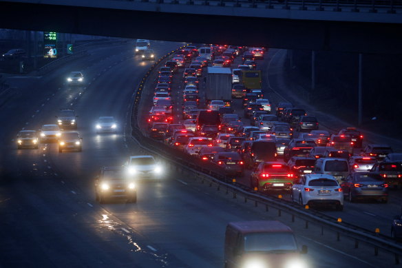 People fleeing Kyiv by road.