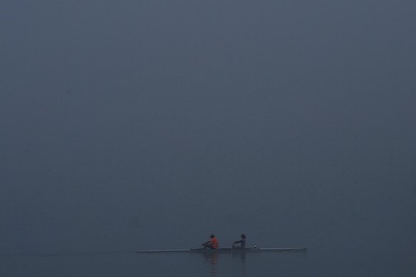 Rowers in Rozelle Bay braving the fog early on Monday morning.