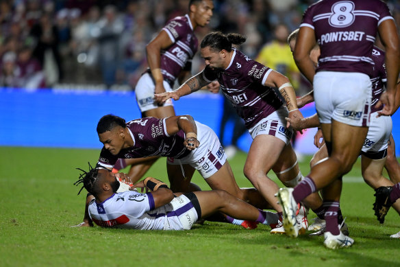 Haumole Olakau’atu’s hit on Justin Olam.