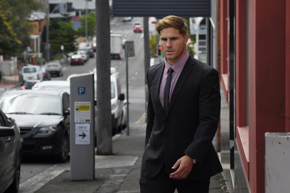 Jack de Belin arrives at Wollongong District Court on Friday.