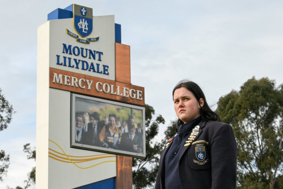 Mount Lilydale Mercy College year 12 student Tayler Allwood is protesting because her school won’t broadcast her film.