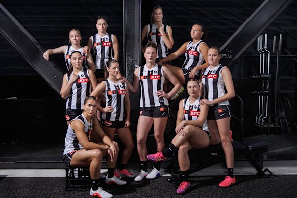 Collingwood’s new-look Magpies. Back row from left: Charlotte Brewer, Dom Carbone, Amy Smith and Mischa Barwin. Middle: Jemma Rigoni, Imogen Trengove, Josie Bamford and Zara Neuwirth. Front: Mattea Breed and Ari Hetherington.