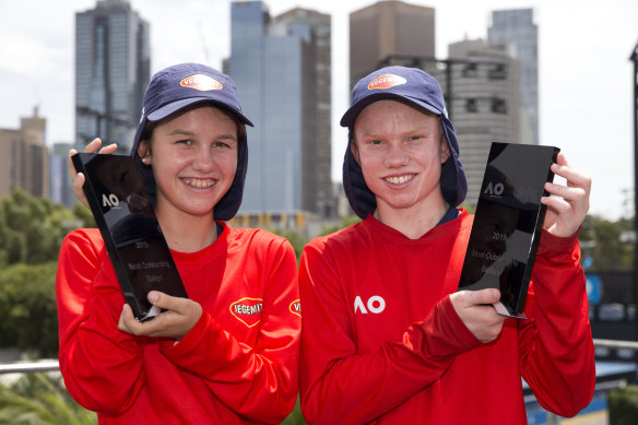 The winners of most outstanding ballgirl and ballboy in 2019: Sarah Lemmon-Warde (left) and Blake Drury, who will make his AFL debut on Sunday.