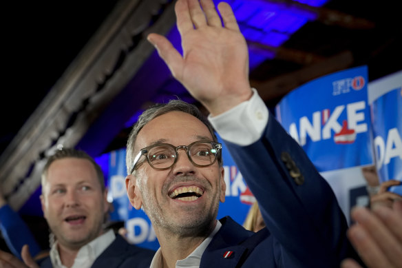 Herbert Kickl, leader of the Freedom Party of Austria waves to supporters, in Vienna. He said he’ll start coalition negotiations straight away.