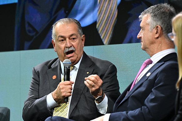 Brisbane 2032 Organising Committee President Andrew Liveris (left) and Queensland Sport Minister Tim Mander at Tuesday’s business lunch.