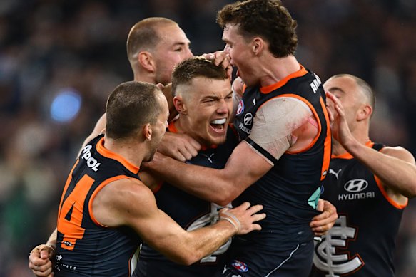 Patrick Cripps of the Blues celebrates a goal.