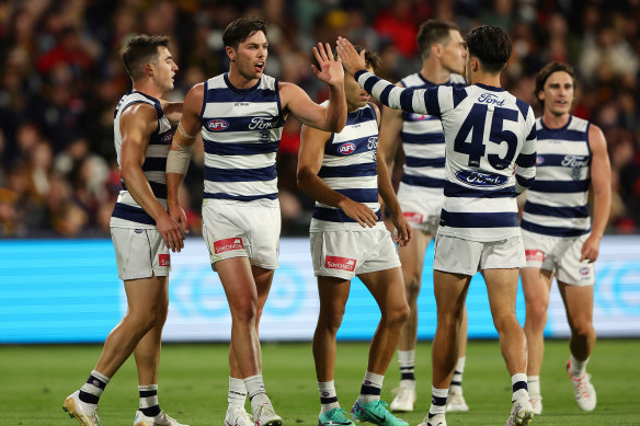 Geelong celebrates a goal.