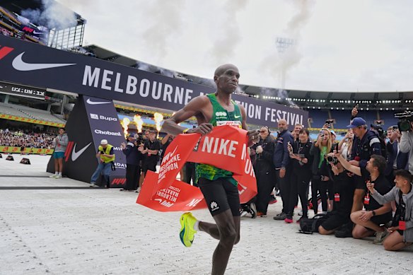 Forever young: Eliud Kipchoge wins the men’s Melbourne Marathon.