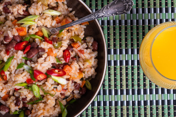 Gallo pinto – rice with beans and, in this variation, some hot peppers.