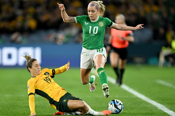 Australia’s Katrina Gorry in action with Republic of Ireland’s Denise O’Sullivan.