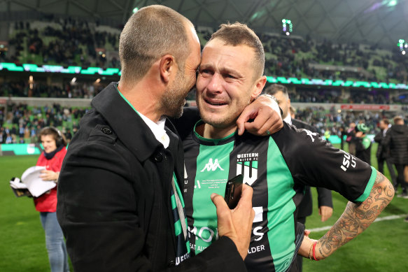 Western United’s Alessandro Diamanti and former player Andrew Durante.