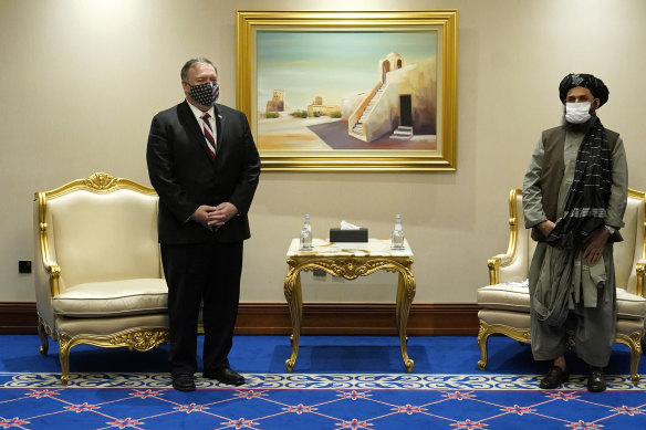 Then-US secretary of state Mike Pompeo meeting with Mullah Abdul Ghani Baradar in Doha, Qatar in November 2020. 