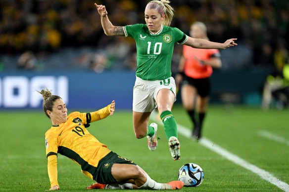 Australia’s Katrina Gorry in action with Republic of Ireland’s Denise O’Sullivan.