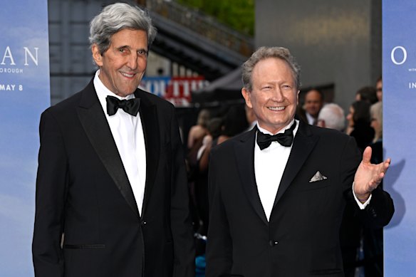 John Kerry and Andrew Forrest attend the premiere of Ocean with David Attenborough in London on Tuesday.