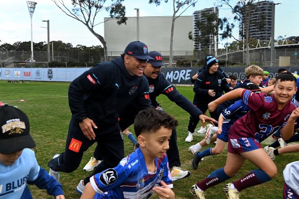 Big is best: NSW Blues players Stephen Crichton and Latrell Mitchell during a clinic with about 200 junior rugby league players from clubs across NSW.