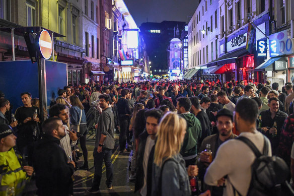 London's Soho was packed on Saturday night for the first time in months as lockdowns eased.