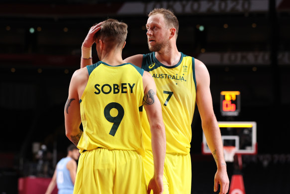 Boomers veteran Joe Ingles with teammate Nathan Sobey.