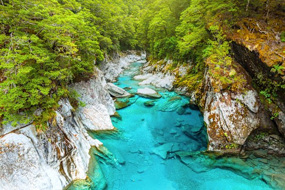 The Blue Pools of Haast Pass in New Zealand.
