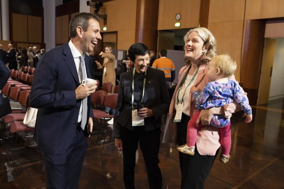Treasurer Jim Chalmers, Business Council of Australia boss Jennifer Westacott and Minister for Home Affairs Clare O’Neil at the jobs summit. 