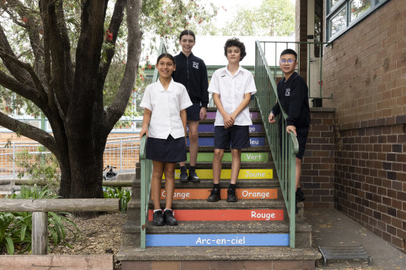 Killarney Heights Public School students Alicia Preston, Anais Sales, Hugo Prud’homme and Ralph Korompis. It has been 25 years since the school started its French bilingual program, and the suburb now has the largest population of French speakers in Australia.