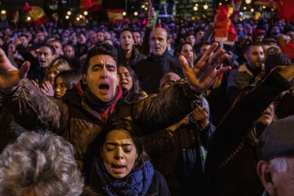 Spain's far-right Vox Party supporters attend the closing election campaign event in Madrid on Friday. 