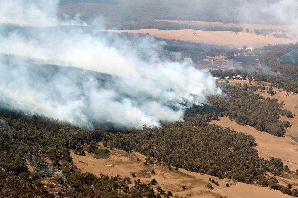 Smoke from the fire north of Beaufort, photographed from a helicopter on Saturday.