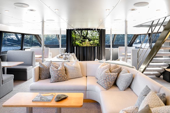 The catamaran’s open-plan dining and lounge area.