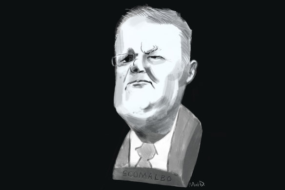 Scott Morrison and Anthony Albanese’s faces merging into one.